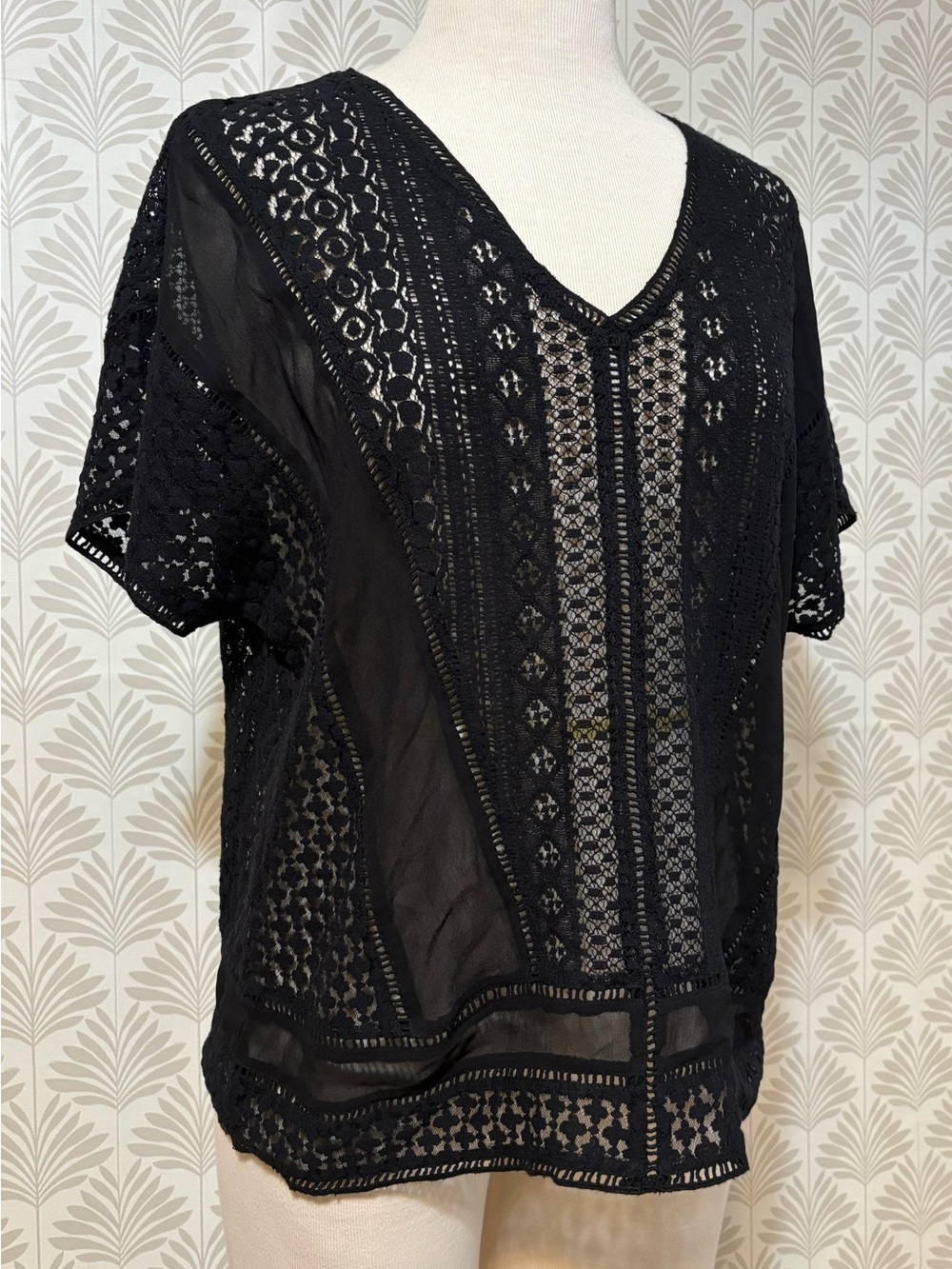 All Saints Black Lace Crochet V-Neck Blouse - Picture 2 of 4